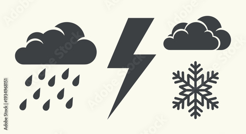 Weather icons set including rain cloud with raindrops lightning bolt snow cloud and snowflake on cream background, Generative AI.