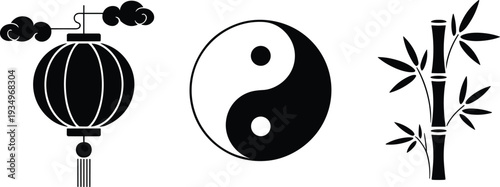 Chinese, lantern, yin yang, bamboo, silhouette, asian, symbol, traditional, oriental, culture, icon, set, vector, illustration, zen, balance, harmony, nature, design, element, isolated, black