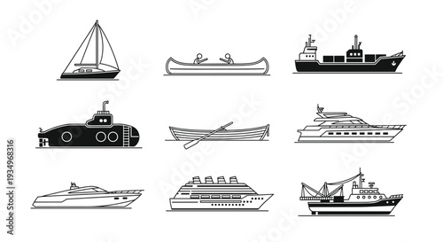 Collection of various boats and ships in black and white illustrations including sailboat yacht cruise ship and more, Generative AI.