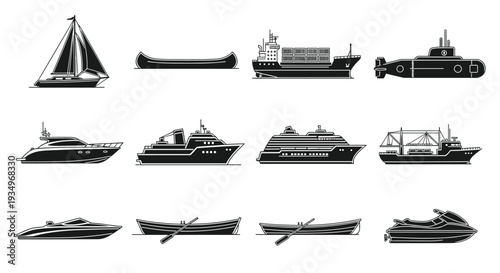 Collection of various boat and ship silhouettes for design and decoration purposes, Generative AI.