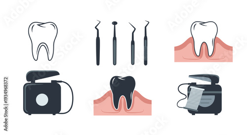 Dental care and hygiene icons including teeth and tools for health and medical designs, Generative AI.
