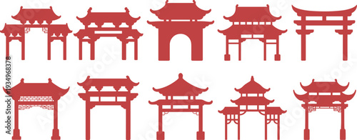 Chinese, traditional, pagoda, gate, silhouette, set, asian, temple, architecture, oriental, landmark, japan, china, shrine, entrance, vector, illustration, cultural, 