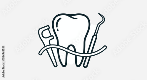 Dental tools and tooth icon with a simple line art style design, Generative AI.