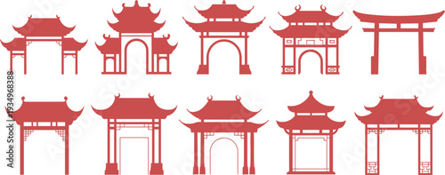 Asian, traditional, temple, gate, pagoda, silhouette, set, chinese, japanese, shrine, architecture, oriental, landmark, 