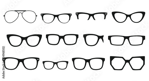 Collection of various black and transparent eyeglasses on for fashion and vision correction, Generative AI.