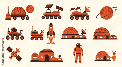 A set of orange space icons including planets rockets and spacecraft on a beige background, Generative AI.