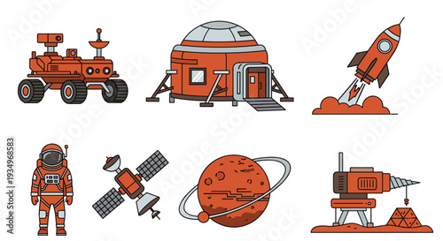 A set of colorful space icons including a rover space station rocket astronaut satellite planet and telescope, Generative AI.