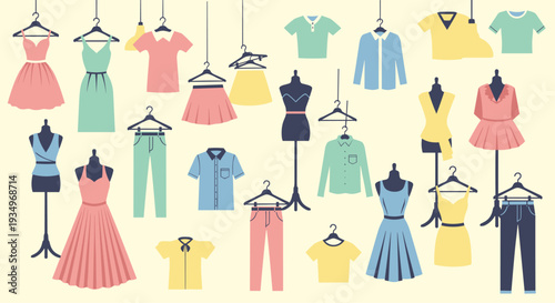 Colorful assortment of various clothing items on hangers and mannequins against a pale yellow background, Generative AI.
