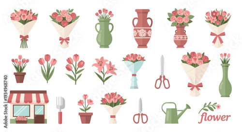Collection of various flower arrangements vases and gardening tools on with floral designs and decorative items, Generative AI.