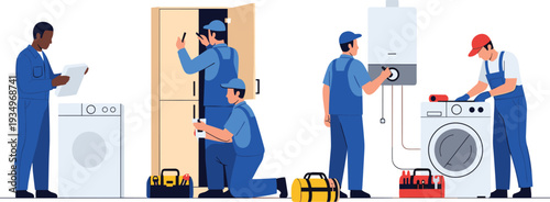 Professional Technicians Repairing Home Appliances Vector Illustration Set with Maintenance Service Concept