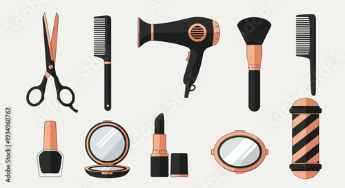 Collection of various black and orange beauty and hair styling tools and cosmetics on a light gray background, Generative AI.