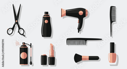 A collection of black and peach colored hairdressing tools and cosmetics, Generative AI.