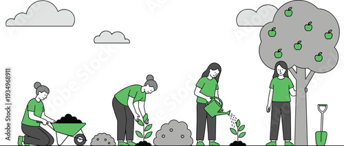 People Planting Trees and Gardening Together Vector Illustration Environmental Sustainability Concept