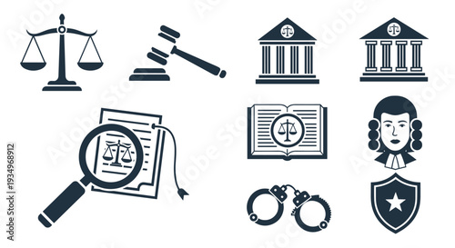 A collection of law and justice related icons including scales gavel courthouse judge magnifying glass book handcuffs and shield, Generative AI.