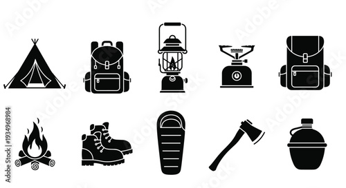 Collection of camping and hiking icons in black and white on a pure, Generative AI.