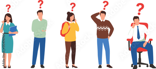 Confused People with Question Marks Vector Illustration Set Showing Problem Solving and Doubt Concept