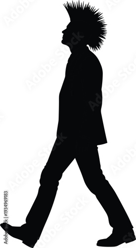 Punk man walking silhouette, side view male with mohawk hairstyle isolated black vector illustration on white background