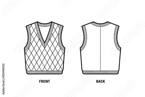 Sweater vest technical drawing with front and back views