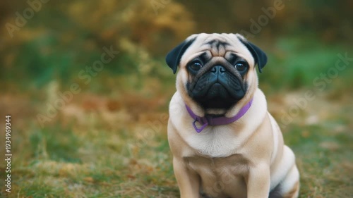 Cute fawn pug puppy sits on the background of nature in a lilac collar.