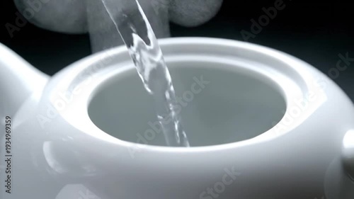 Water Pouring into White Ceramic Teapot.