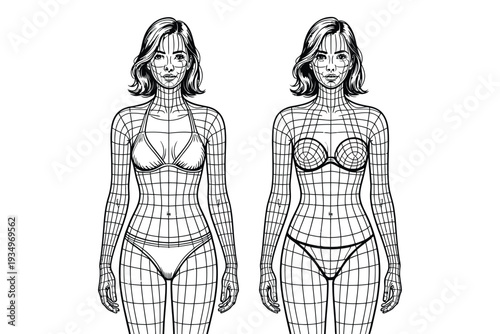 Wireframe woman in bikini and topless standing side by side