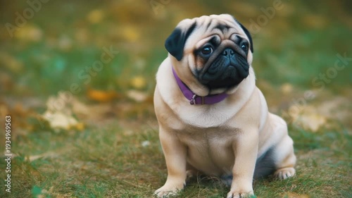 Cute fawn pug puppy sits on the background of nature in a lilac collar.