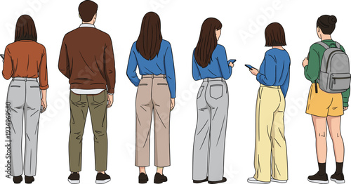 Young People Standing from Back View Vector Illustration Set in Casual Modern Fashion Style