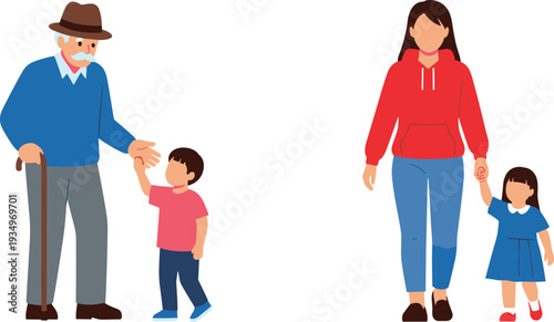 Grandfather and Mother Walking with Children Vector Illustration Set in Casual Family Lifestyle Theme