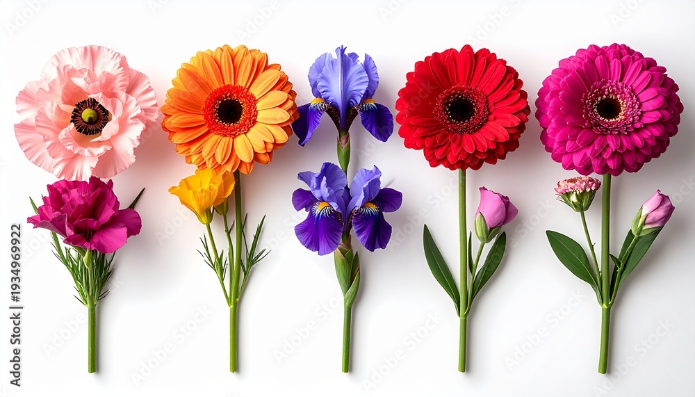Fototapeta premium A vibrant row of blooming flowers in soft pink, bold red, sunny orange, and deep purple, beautifully arranged with fresh green stems and leaves in a detailed botanical display