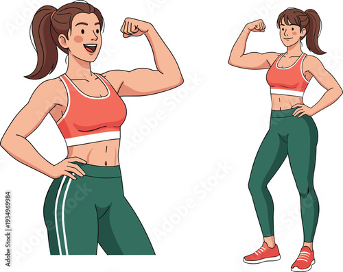 Strong fitness woman flexing arm muscles, athletic female character in sportswear isolated on white background modern vector illustration