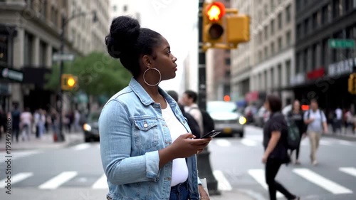 Woman Using Smartphone at City Crosswalk.