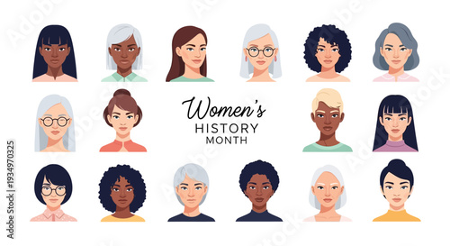 Illustration of diverse women's faces celebrating Women's History Month with a design promoting gender equality and women's empowerment on a white background.