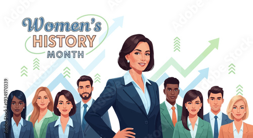 Illustration celebrating Women's History Month with a confident businesswoman standing in front of a diverse group of professionals, symbolizing gender equality and women's empowerment