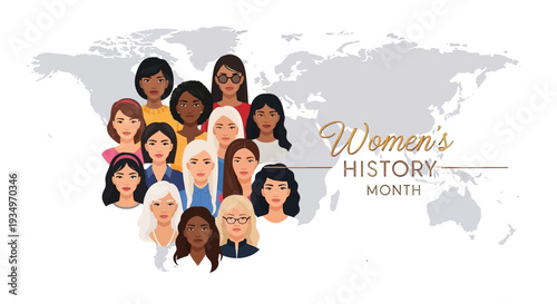 Illustration celebrating Women's History Month with diverse female leaders and inspirational women on a gray world map background, promoting gender equality and women's empowerment.