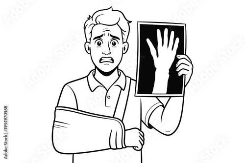 A worried man holding an x-ray of his broken arm in a cast