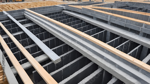 Concrete formwork and floor beams on construction site