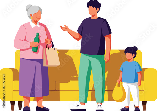 Young Man and Girl Helping Grandmother with Grocery Bags, Family Care and Volunteering Concept Vector Illustration