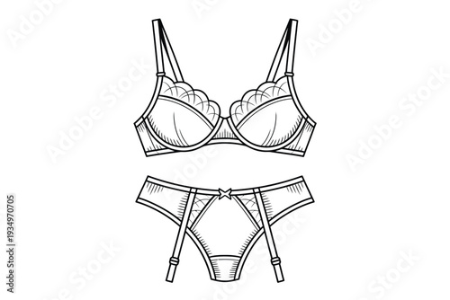 Lingerie set illustration featuring a bra and panties in a simple line drawing style