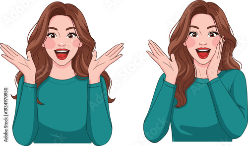 Surprised young woman with excited facial expression, emotional female character portrait isolated on white background vector illustration
