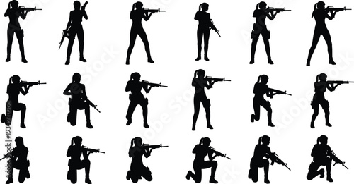 Collection of female soldier silhouettes aiming rifles in various tactical combat poses, military women armed forces action vector set