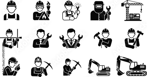 Construction worker and industrial profession icon set, builder engineer welder miner mechanic silhouettes with tools and heavy equipment symbols