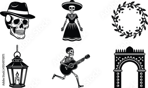 Day of the Dead Silhouette Collection Featuring Sugar Skull, Catrina, Mariachi Skeleton and Mexican Cultural Icons