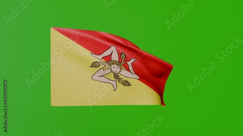 Sicily Flag with Trinacria Symbol Waving on Green Background	
