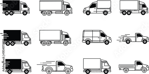Delivery truck and cargo van icon set with logistics transport vehicles, shipping service and freight transportation silhouette collection
