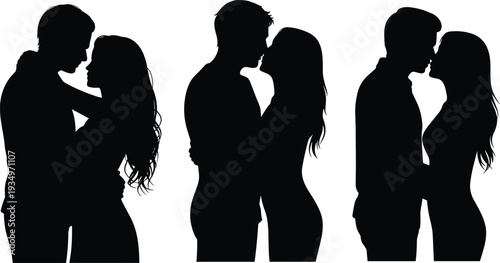 Romantic Silhouettes of Three Kissing Couples in Intimate Embrace, Black and White Love and Passion Concept Illustration Artwork