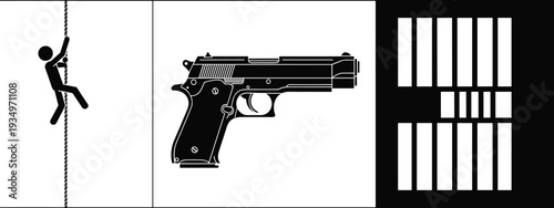 Prison escape concept illustration with rope climbing prisoner, handgun weapon and jail bars silhouette representing crime, justice and security