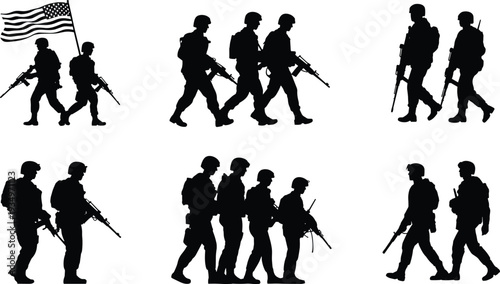 Silhouette of American Soldiers Marching with Flag, Military Patrol and Armed Infantry Team in Combat Formation Illustration on White Background