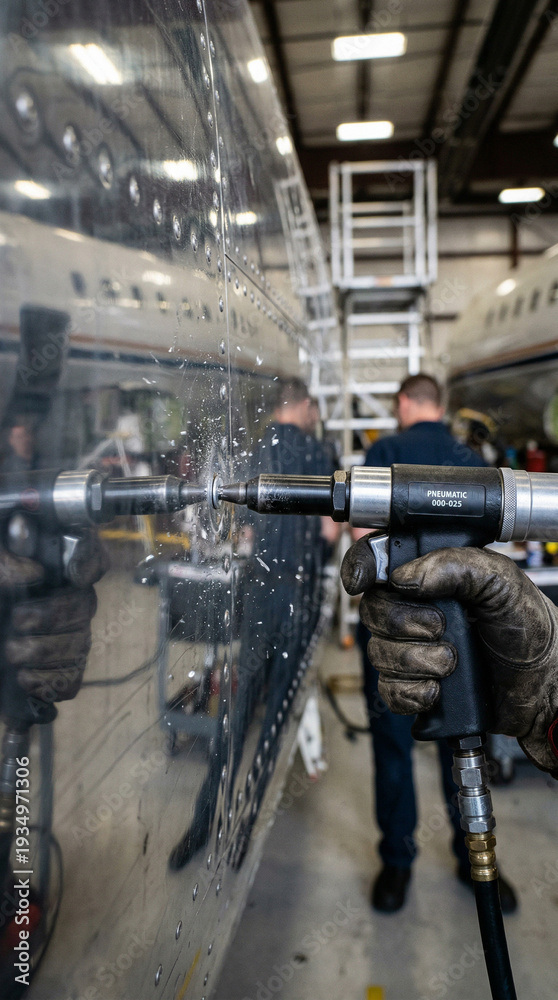 Fototapeta premium Technician using pneumatic riveting tool on metallic aircraft fuselage