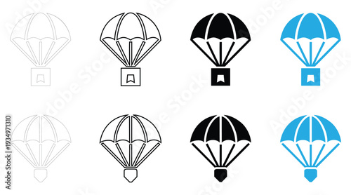parachute icon vector set, skydiving parachute symbol vector, silhouette and line art illustration