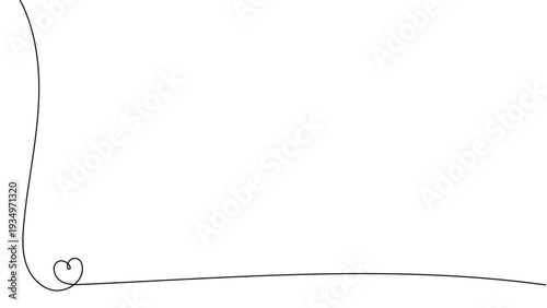 一筆書きのハートの線画フレーム。一本の黒い糸がさりげないハートを紡ぐデザイン。愛情のシンボル背景。カードの角を装飾する可愛いあしらい。編集可能なベクター素材